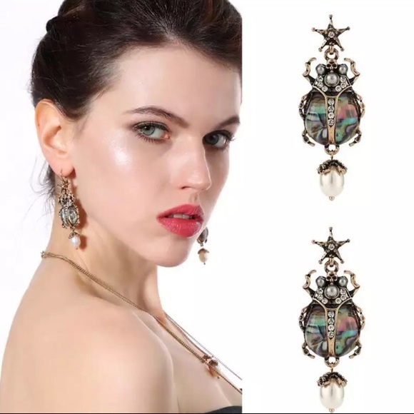 2/$25 Scarab Beetle Skull Faux Pearl Drop Earrings - Picture 7 of 8